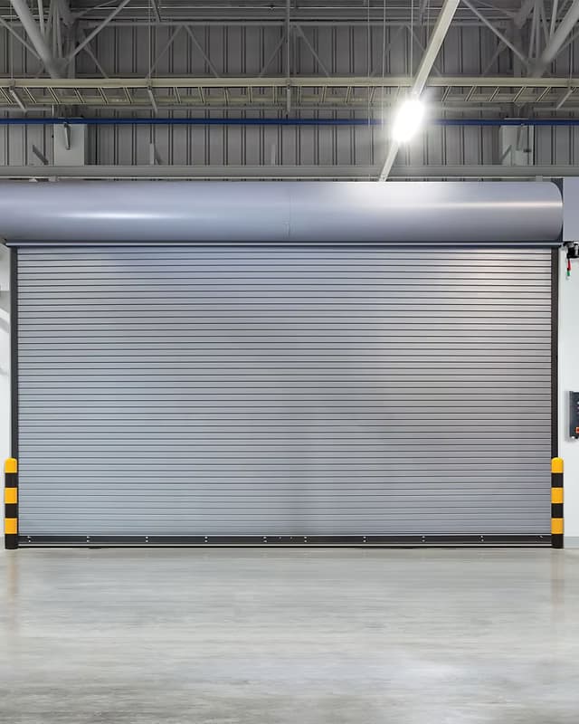 Gray rolling steel door with an overhead hood inside an industrial building